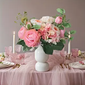 9 Stems Artificial Flower (Artificial Rose & Hydrangea Bouquet) - 38cm Silk Flower Arrangement, Realistic Faux Floral for Wedding Bridal Bridesmaid Hand Toss, Table Centerpiece, Home Living Room Bedroom Bathroom Decor, Durable Reusable