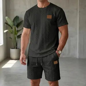 Men's 2-Piece Jacquard Round Neck Shortsleeve Casual Clothes Set - Summer Short-Sleeve Top and Shorts for Outdoor Activities, Menswear, Men's 2 Piece Short Set