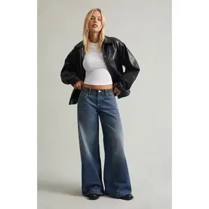 Pacsun Women's Sloane Low Rise Ultra Baggy Jeans Contrast Waistband Medium Blue