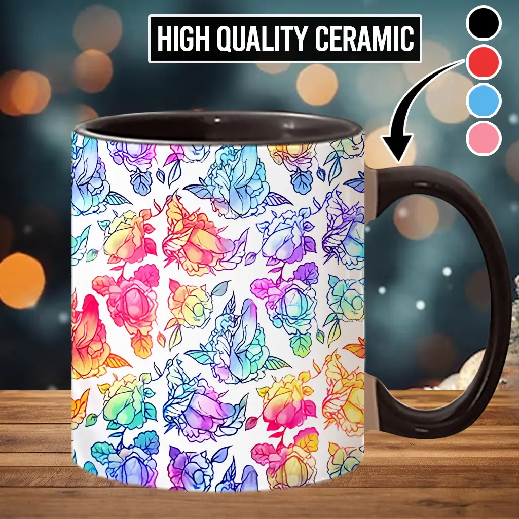 Stylish Ceramic Floral Rainbow Pattern Coffee Mug - Beverage Cup for Drinks, Model scs11435