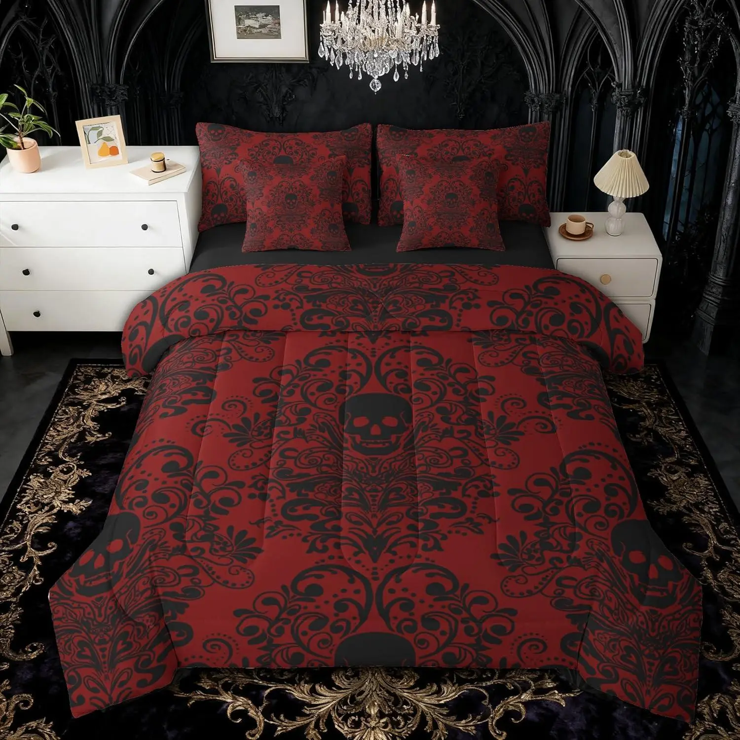 Gothic Skull Comforter Set 7 Pieces Damask Print Bedding Set Goth Bohemian Bed in a Bag with Comforter,Sheets,Pillowcases,Cushion Covers Black Red Bedroom Decor Quilted Soft
