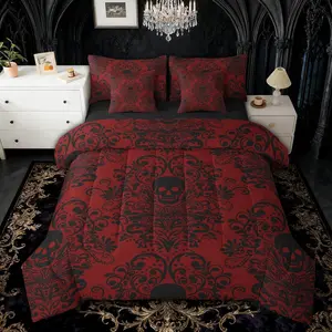 Gothic Skull Comforter Set 7 Pieces Damask Print Bedding Set Goth Bohemian Bed in a Bag with Comforter,Sheets,Pillowcases,Cushion Covers Black Red Bedroom Decor Quilted Soft