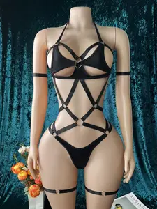 Women's Sexy Backless Lingerie Set 5-Piece, Body Suit + Arm Rings X2 + Leg Rings X2, Heart-Shaped Steel Ring, Elegant & Romantic