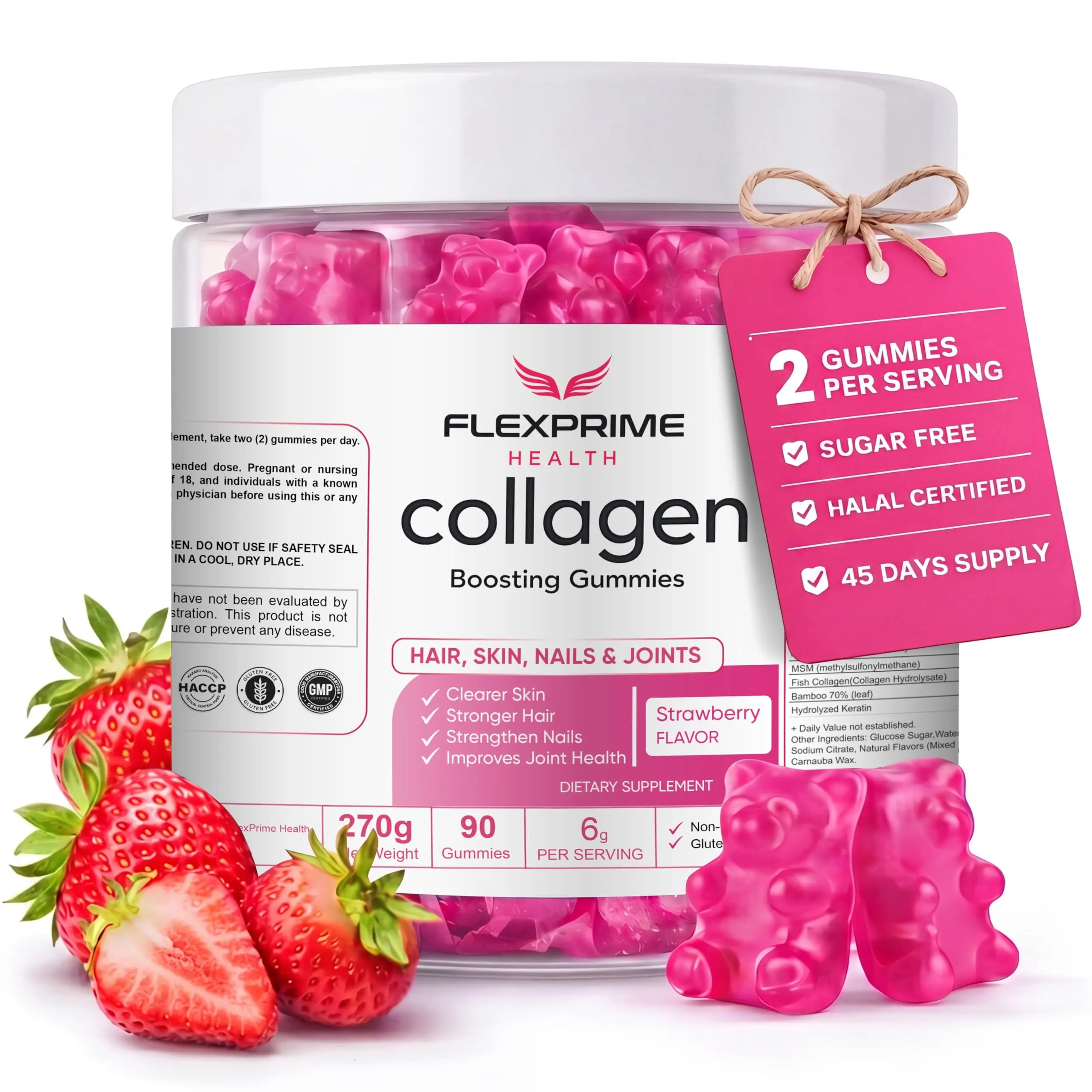 FlexPrime Collagen Gummies for Women & Men with Biotin, Hyaluronic Acid & Vitamin C - Hair, Skin & Nails Support | Sugar Free, Halal, Non-GMO Strawberry Chews | 90 Count