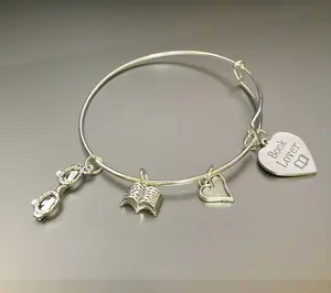 Book Lover's Bracelet Dream - Adjustable 25mm Silver Stainless Steel Bangle with Heart & Book Charms for Book Lovers