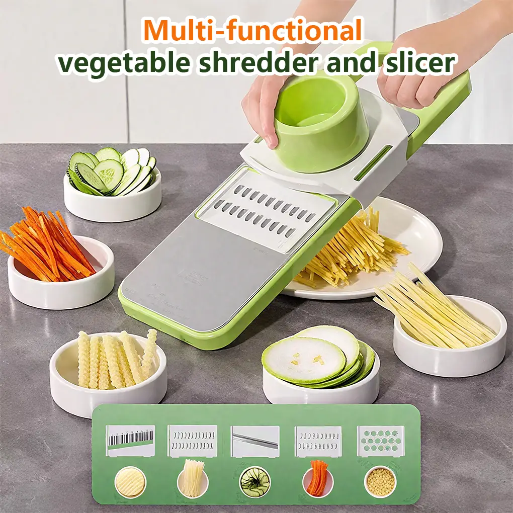 5 in 1 Vegetable Cutter with Cheese Grater, Adjustable Stainless Steel Blade, Comfort Grip, Safety Features, Easy to Clean, Carrot Grater, Cabbage Shr