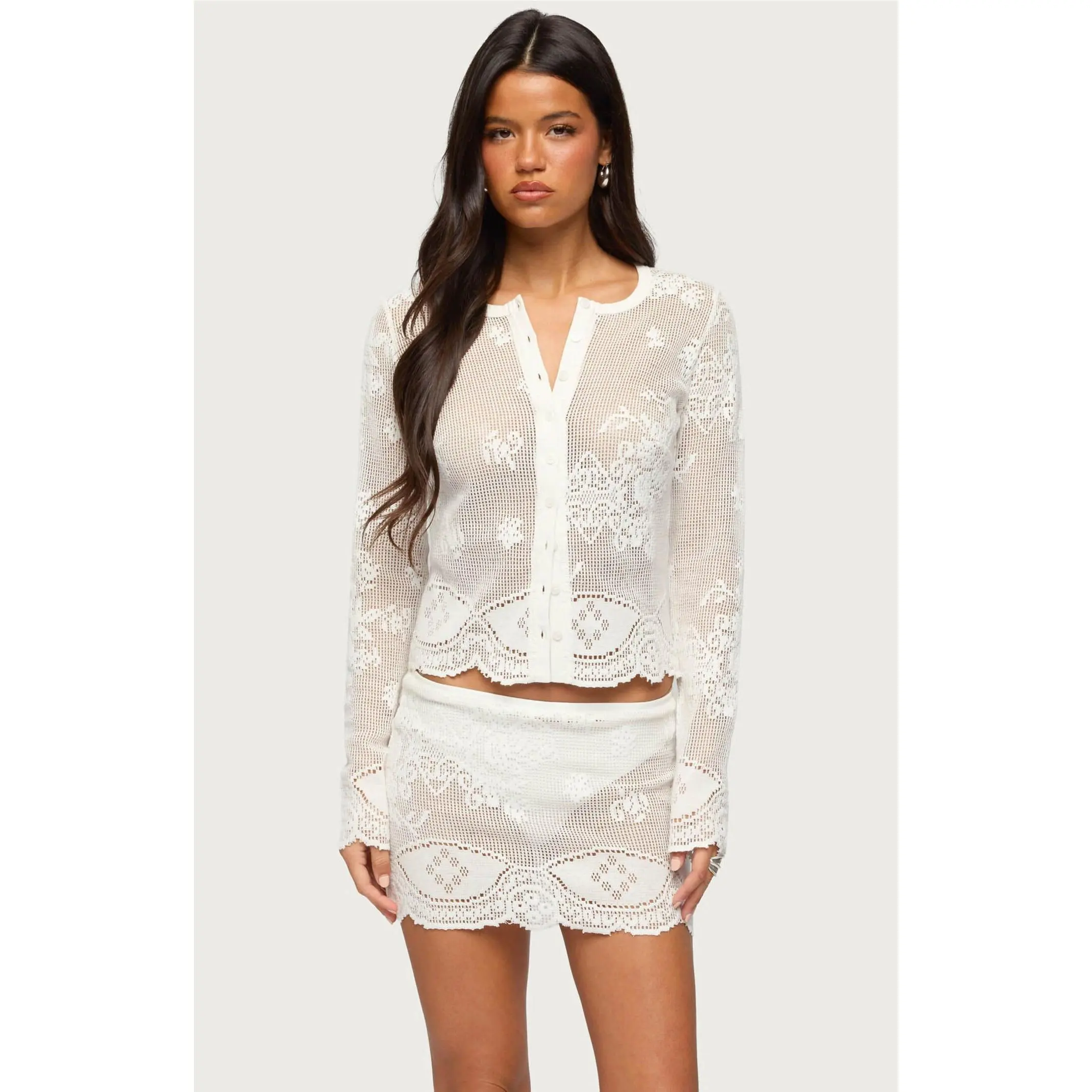 Edikted Women's Rusa Button Up Sheer Crochet Top