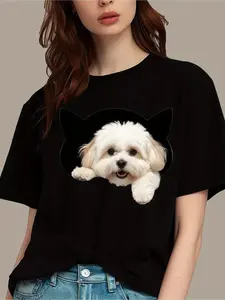 Cute Cat Ears T-Shirt Black Fluffy Dog Print Casual Daily Wear Check Clothes