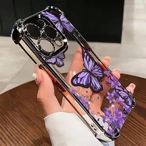 Four Corner Anti-Fall Flower Painting with Purple Butterflies Pattern Phone Case for iPhone 16 Pro Max 15 Plus 14 13 12 11 E Shockproof Transparent Electroplated Protective Cover