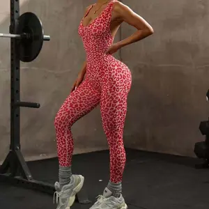 skinny sportswear SHEIN Hot Sale Leopard Print Cross Bond Seamless One-piece Yoga Suit Women's Fitness Sports Casual Outwear with Crossover Tie-front Design Sleeveless Spaghetti Strap Jumpsuit square neck tank