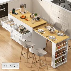 80"-48" Extendable Kitchen Island with Extended Dining Table and Power Outlet,Large Mobile Kitchen Storage Islands with 2 Storage Drawers,Rolling Islands Cart with 3 Extra Rows Open Shelves(White/Black/Brown/Blue)