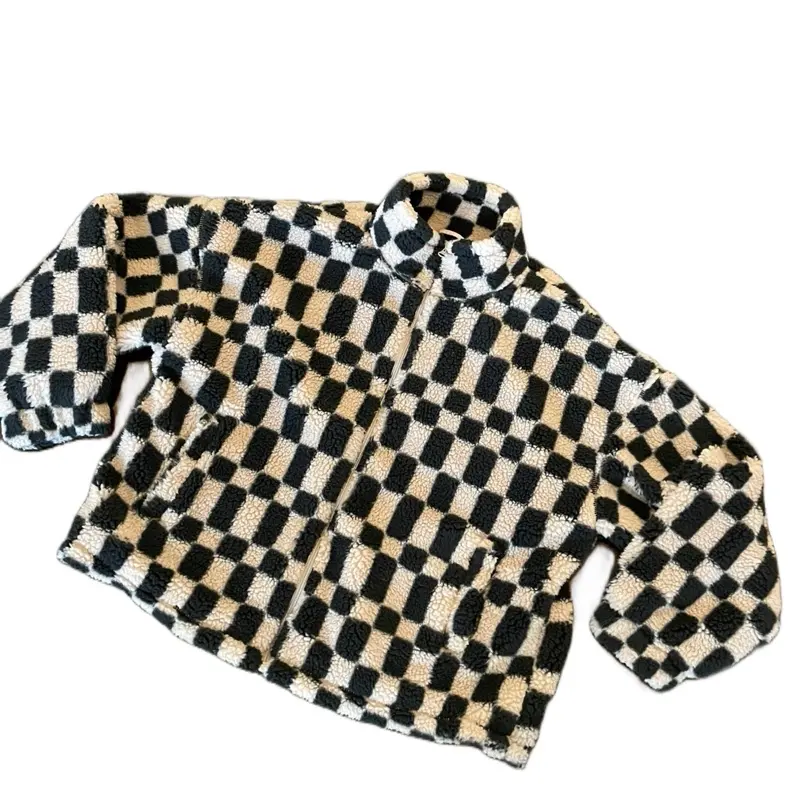 A New Day Checked Fleece - Black and Beige Checkerboard Patterned Fleece Fabric Item