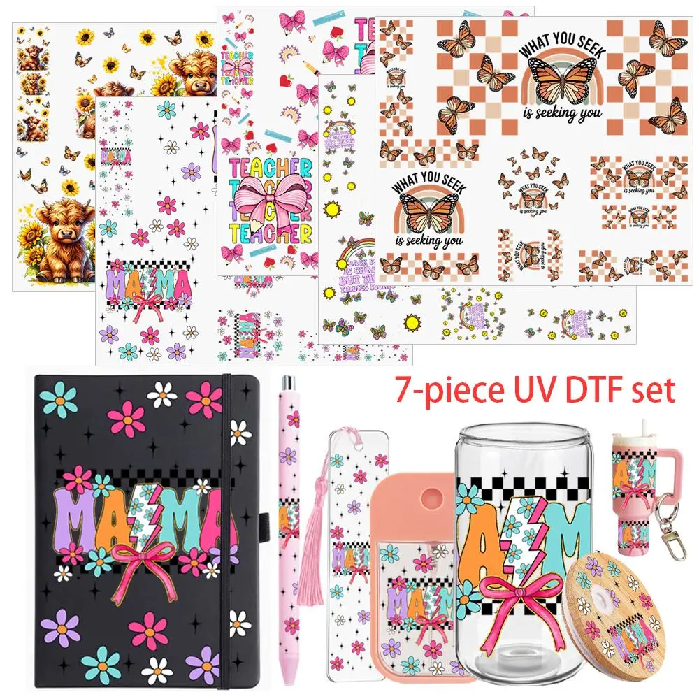 Mix 5 Sheets of Seven-piece UV DTF Wraps, Suitable for 16oz Cups and Lids, A5 Notebooks, Ballpoint Pens, Spray Bottles, and Bookmarks for DIY Crafts Decor Creative Gifts summerwins