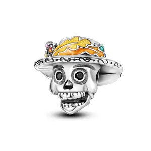MULA S925 Silver-plated hip hop skull pendant with colorful enamel details and shiny CZ accents, compatible with Pandora bracelets and necklaces, a unique gift for women and girls
