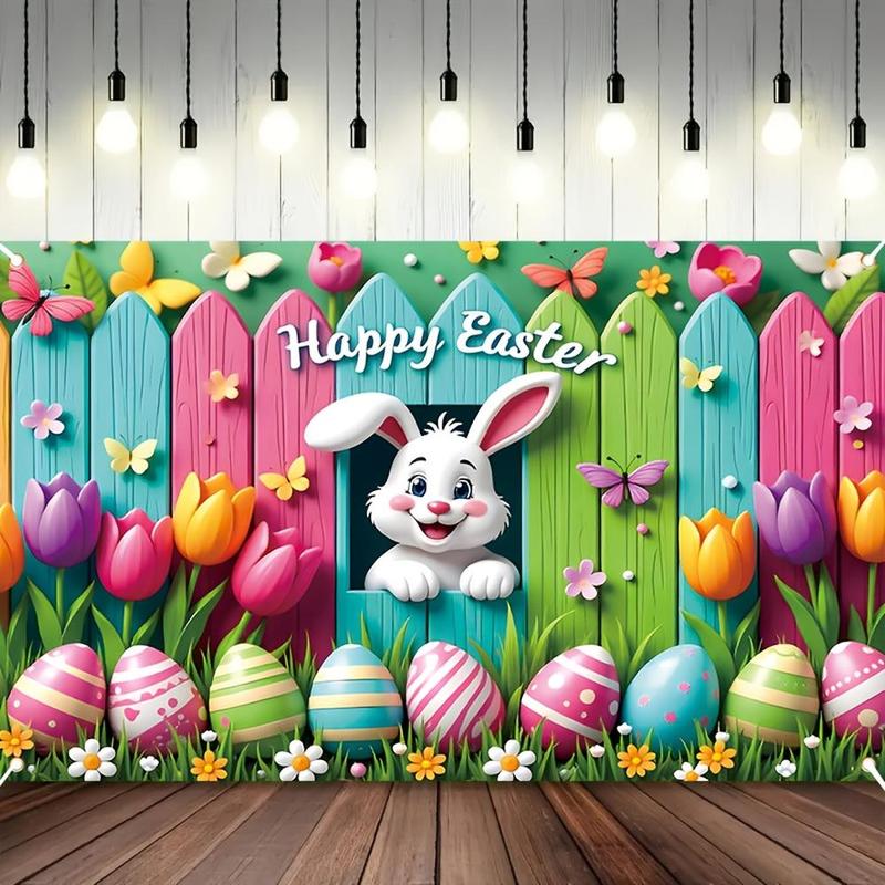 1PC,2D Flat Easter - themed Decorative Backdrop Cloth, Cartoon Rabbit, Colorful Eggs, Flowers, Butterflies Pattern Party Hanging Cloth, Festival Scene Decoration, Photo Background Banner Prop