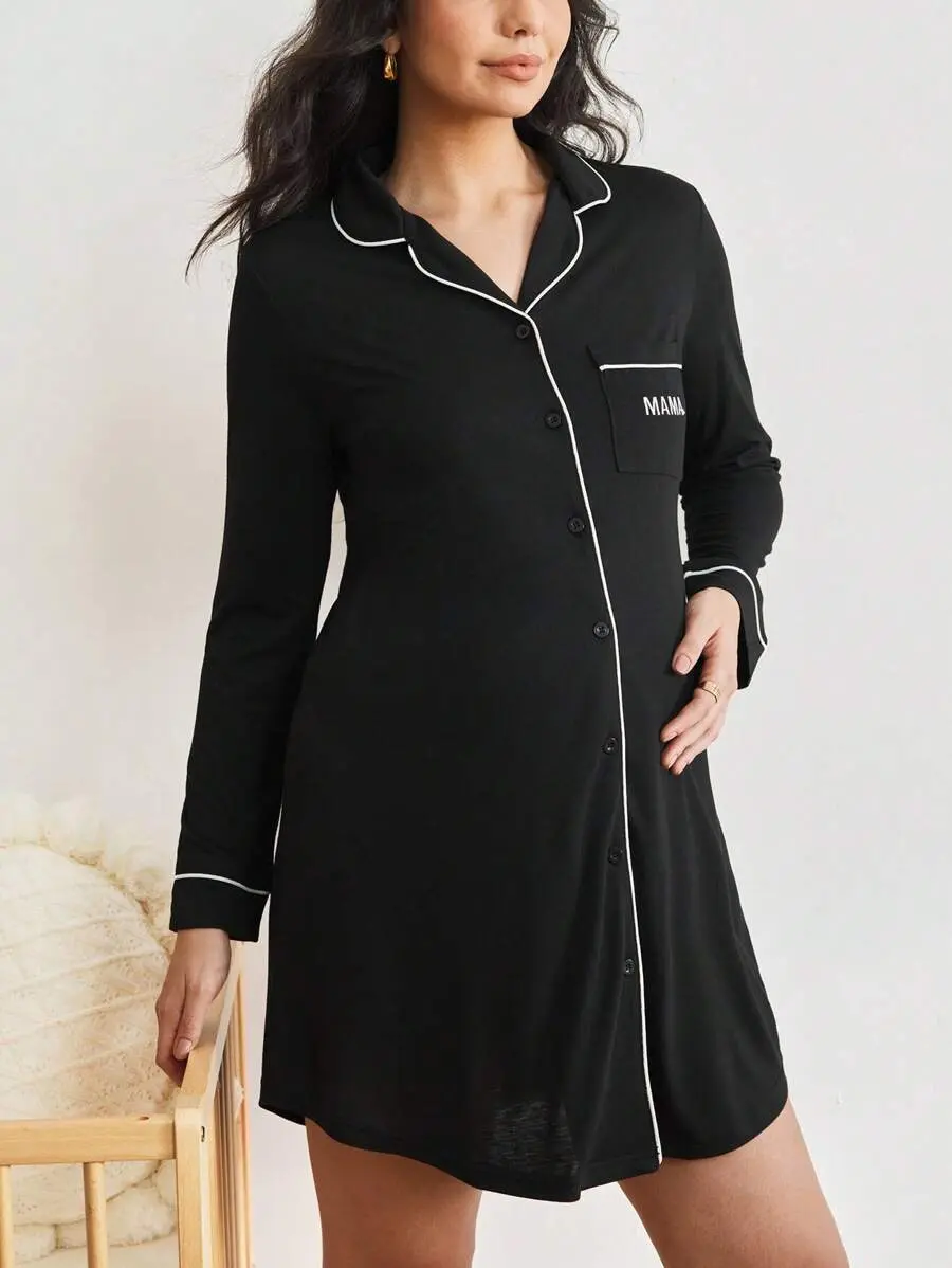 LUNA LAYER Womens Maternity Long Sleeve Contrast Piping Button Front Lounge Nightgown Dress Black
