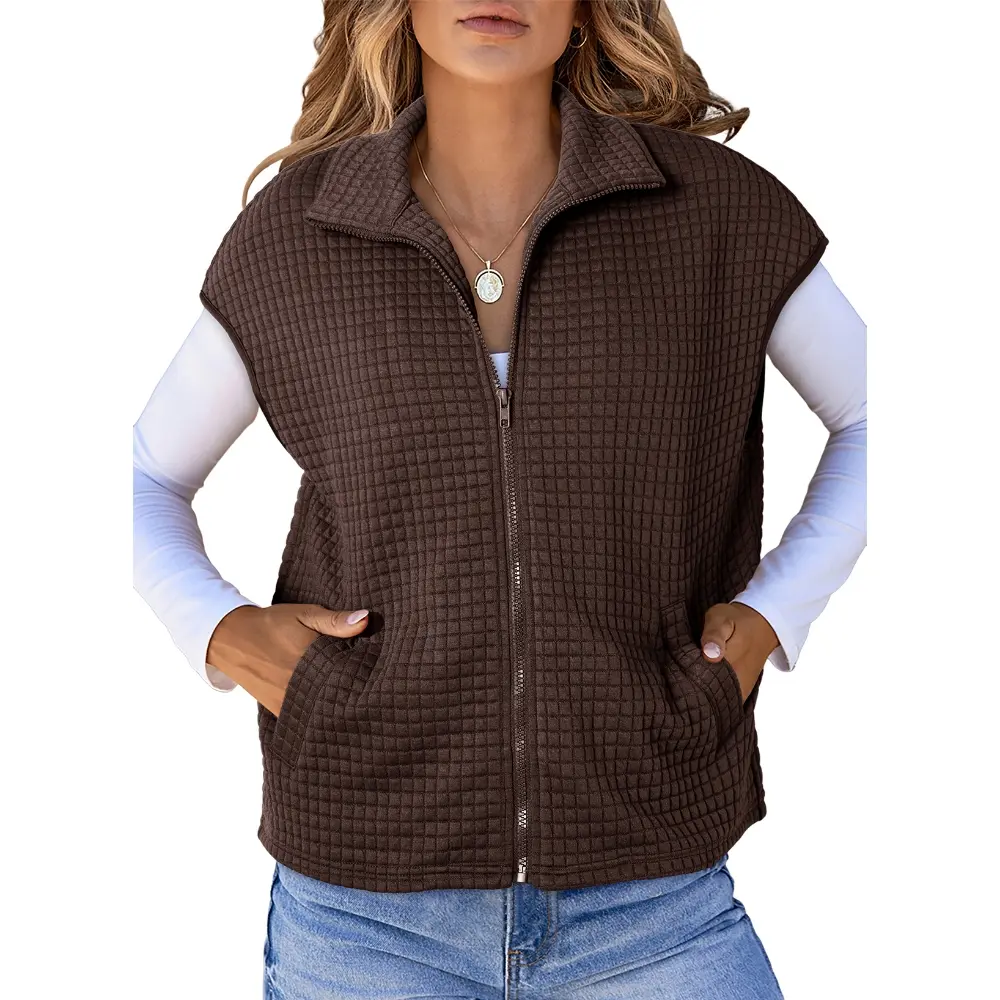 Dokotoo Womens Vest Tops 2026 Zipper Up Cap Sleeve Side Pockets Waffle Knit Sleeveless Oversized Vests