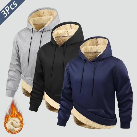 3pcs Men's Hooded Sweatshirt Winter Thick WarmFleece Lined Pullover with Kangaroo Pocket WindprootLong Sleeve for Sports and Outdoor Activities workingjacket