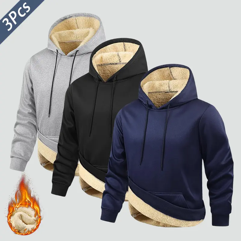 3pcs Men's Hooded Sweatshirt Winter Thick WarmFleece Lined Pullover with Kangaroo Pocket WindprootLong Sleeve for Sports and Outdoor Activities workingjacket