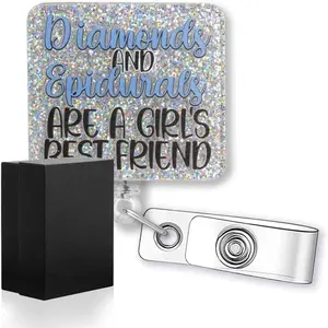 and Epidurals are A Girls  Friend Funny Glitter Badge Reel, Retractable Badge Holder for L&D Nurse Anesthetist Obstetrics Nurse, Labor and Delivery  for Midwife, OBGYN