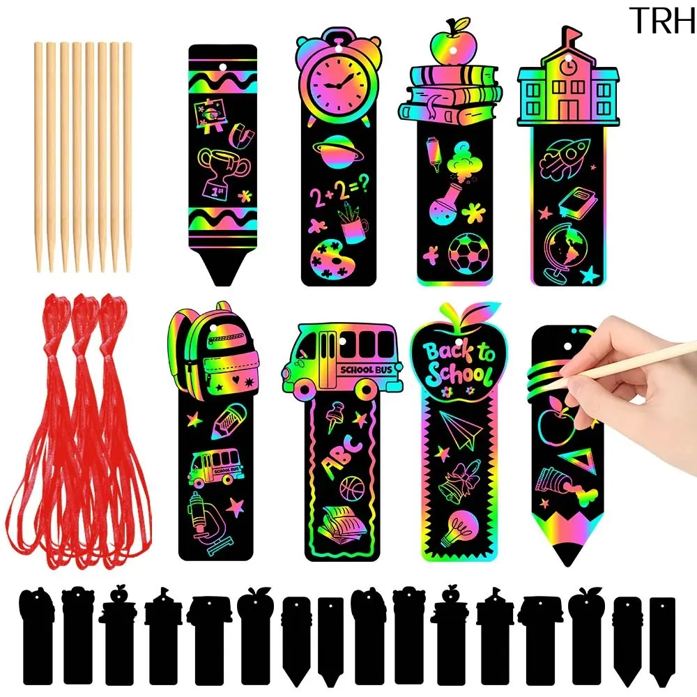 Back To School Scratch Off Bookmark DIY Kit, Rainbow Magic Scratch Bookmarks with Wooden Stylus, Classroom Art Craft Supplies, Kids First Day School Party Favor, Customizable Book Page Marker Decor Set