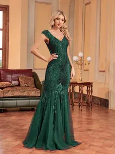 Sequin V-Neck Formal Evening Dress, Elegant Slim-Fit Maxi Dress, Backless Cap Sleeve, Perfect for Graduation Dance, Wedding, Party, Womenswear