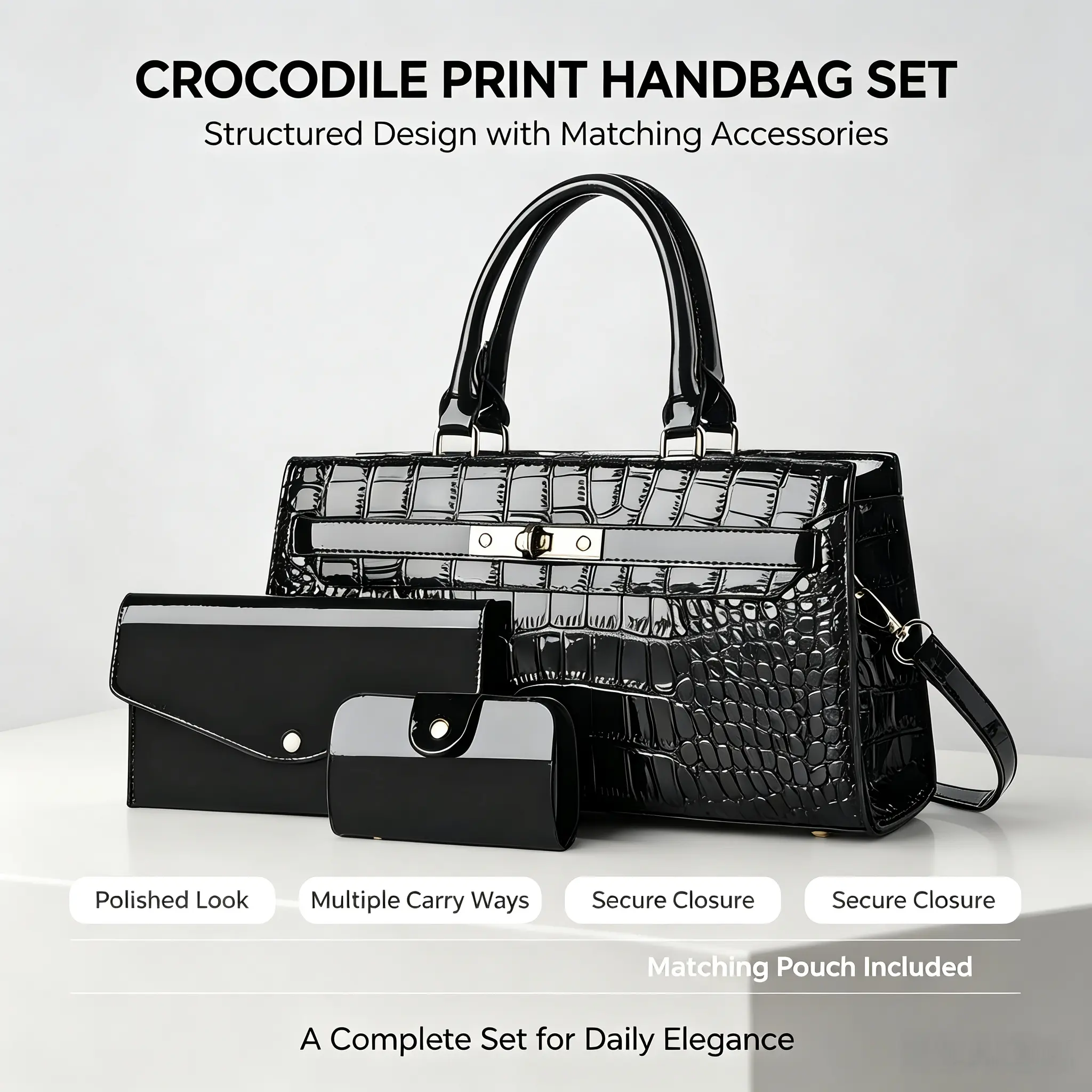 Women's Elegant Mock Crocodile-Patterned PU Leather Handbag Set - 3-Piece Fashionable Patterned Bag, Simple Versatile Large-Capacity Shoulder/Crossbody Bag, Ideal Gift for Girlfriends