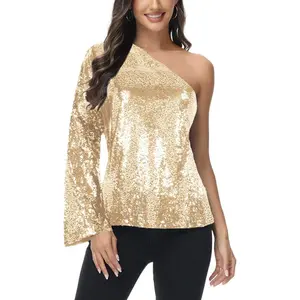 Anna-Kaci Women's One Shoulder Long Sleeve Sequin Party  Top for Party Wear - Small, Gold