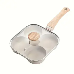 4-Hole Non-Stick Frying Pan with Lid and Wooden Handle – Egg & Burger Breakfast Pan for Home Cooking | Durable Easy Clean Skillet, Viral Kitchen Gadget, Nonstick Cooking Tools, Perfect Gift for Foodies