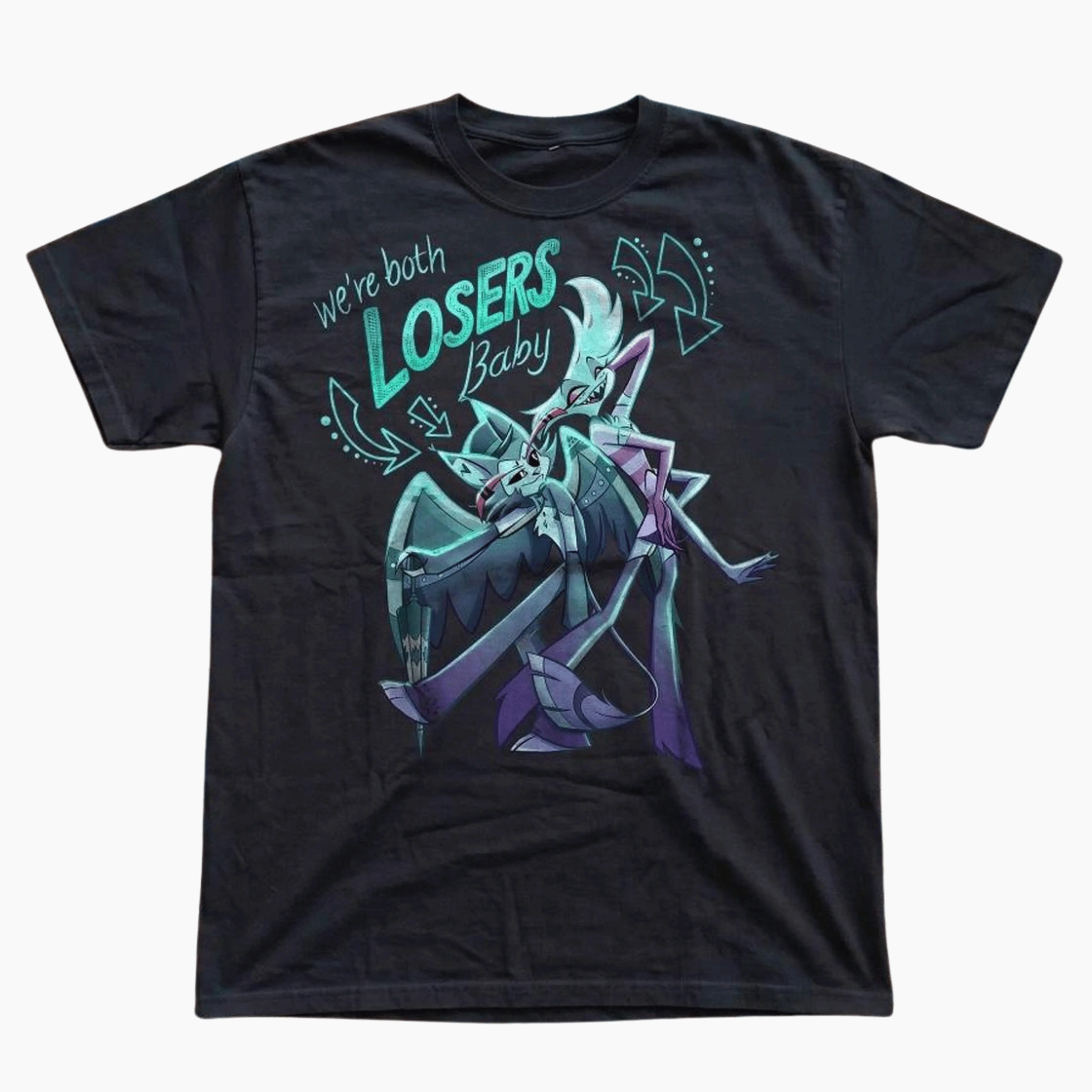 Gildan Men's and Women's T-Shirt, Vintage Husker And Angel Dust Graphic Tee, Hazbin Hotel Tee, Were Both Losers Baby Shirt, Husk And Angel Merch, Indipop Neon Cartoon Apparel, Retro Y2K Aesthetic Top, Grunge Alt Fashion, Indie Animation Fan Gift Design