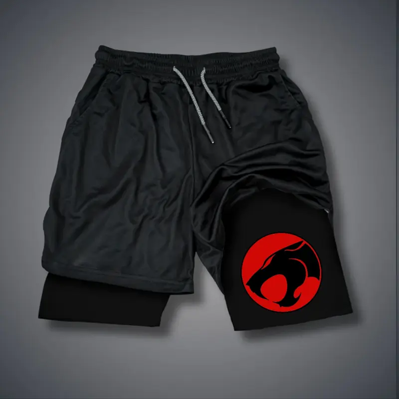 ThunderCats 80s 90s Double-Layer Sports Shorts Graphic Shorts Black Camo Streetwear Shorts Men Outfits Men Vacation Outfits Shorts