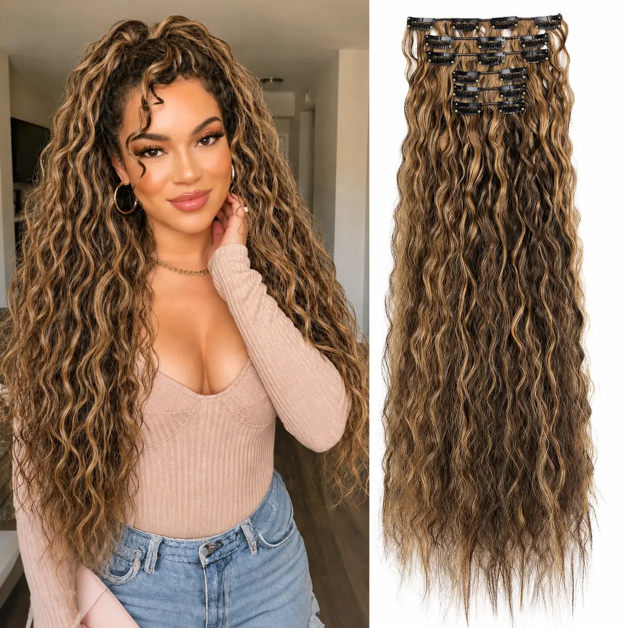 Women's Cushioned Clip Hair Extensions - 6pcs Long 24in Colored Curly Synthetic Pieces, Invisible Seamless, Heat Resistant 160g/5.64oz, Quick to Wear for Volume Enhancement & Daily Use