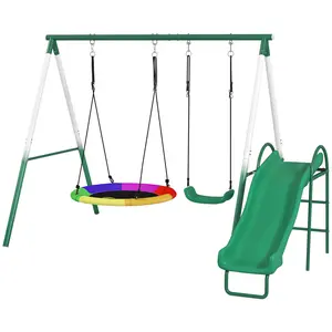 Dark Green Heavy-Duty A-Frame Metal Swing Set with Slide, Saucer Swing Seat, and Adjustable Rope for Backyard (Home & Garden Outdoor Play Equipment)