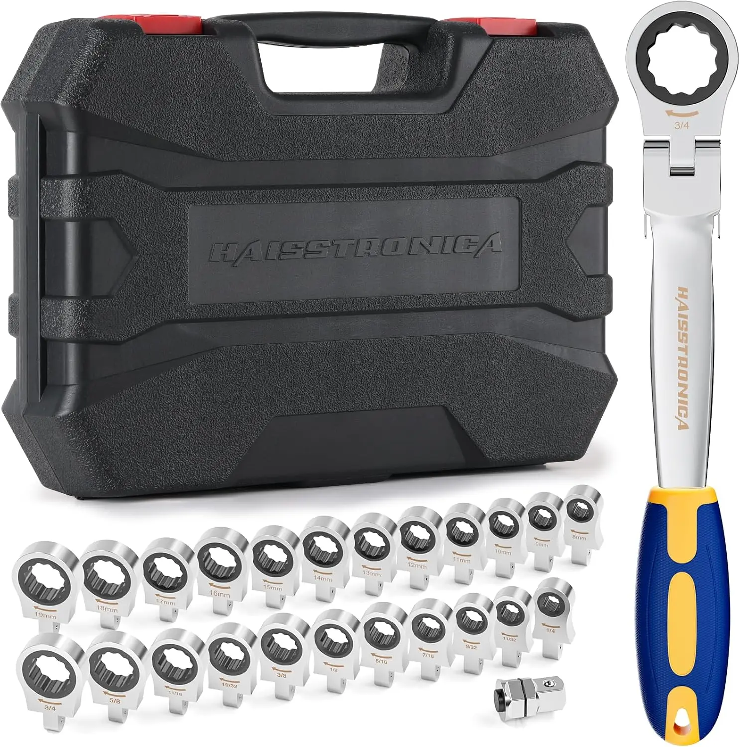 Haisstronica 12 in 1 Interchangeable Heads Ratcheting Combination Wrench Set, 8-19mm Metric Flex Head Ratchet Wrench Tool for Auto & Tools for Men