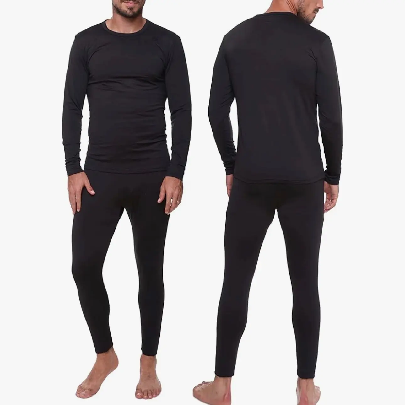 Men's Plain Fleece Thermal Underwear Set, 2-Piece Full Length Long Johns - Warm Base Layer for Cold Weather, Warmth, Body Shaped, Multi-Size, Fits Male Body Shape, Solid, Crew Neck, Basic, Work, Classic, Cotton, Machine Washable, None, M