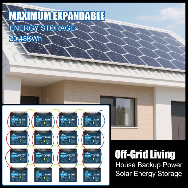 KUNLUN 12V 100Ah LiFePO4 Battery Model 12100 with 100A Smart BMS 5000+ Cycles 1280Wh Energy for RV Marine Trolling Motors Off-Grid UPS Solar Camping E-Wheelchair Maintenance-Free Rechargeable Portable Power Station