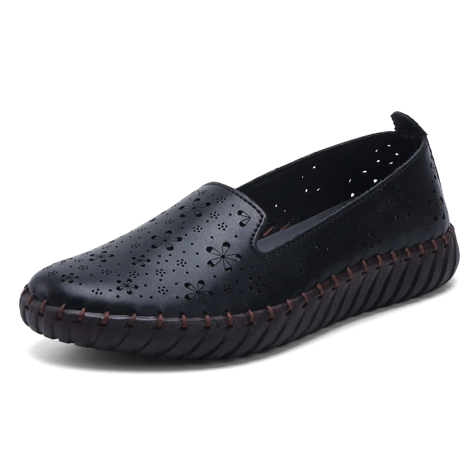 Women's Summer Perforated Hollow-Cutout Loafers - Breathable Vegan Leather Flats, Comfortable Walking Shoes with Heart-Floral Geometric Pattern Soft Sole for Work & Casual Wear