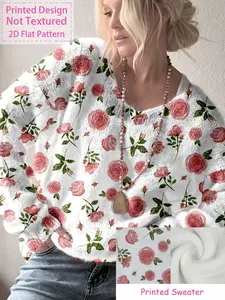Spring Summer Women's Rose Floral Print V-Neck Knit Sweater, Casual Loose Fit Pullover, Perfect for Vacation, Womenswear, Knitwear