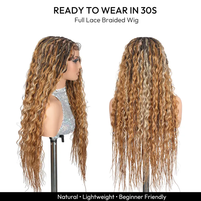 Caramel Honey Glow Color Boho Braids Full Lace Wig 28” | Pre-Cut Lace Drawstring, Ready to Wear Synthetic Lightweight Natural Texture Wig #OT4/27/24 Color #SohoChic #TikTokShopStockUp #DealsForYouDays