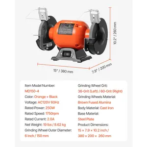 VEVOR Bench Grinder, 6-inch Single Speed Bench Grinder, 1750RPM Low-Speed Table Grinders with 250W 2A Induction Motor, 36/60-Grit Grinding Wheels Adjustable Tool Rest for Precise Sharpening Grinding