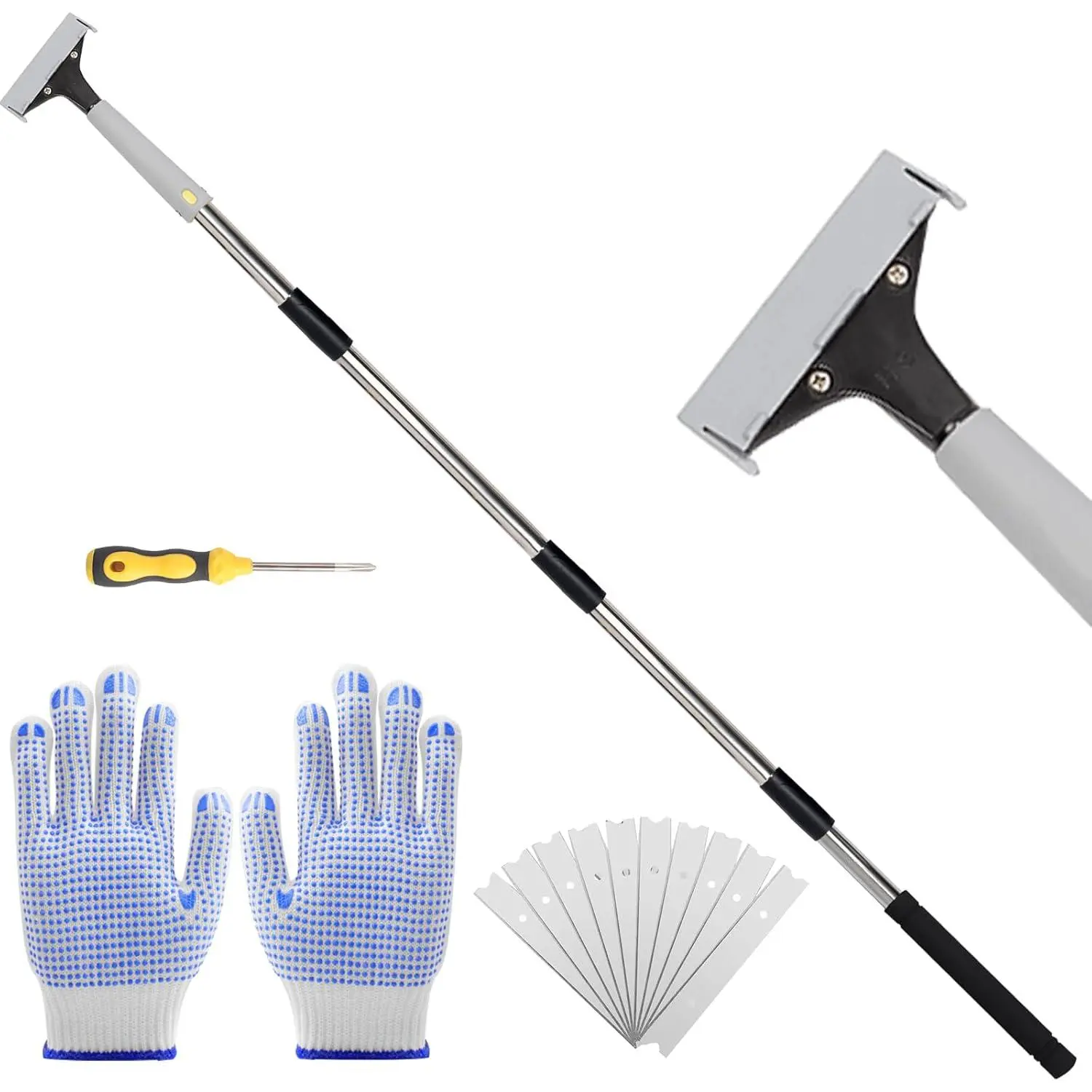 Stainless Steel Adjustable Floor Scraper Tool - 31-61 in (31 inch to 61 inch) Long Handle, 4in Razor Blades Included, Glue Floor Scraper for Adjustable Cleaning, Masonry & Tiling Tasks