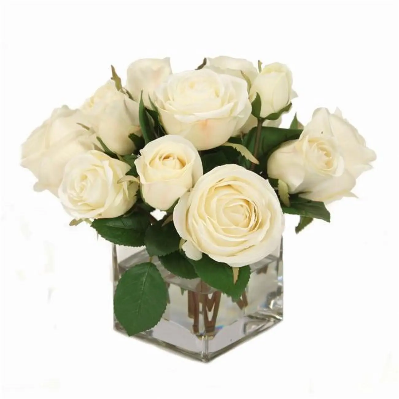 Unisex White & Rose with Buds in Rectangular Glass Vase