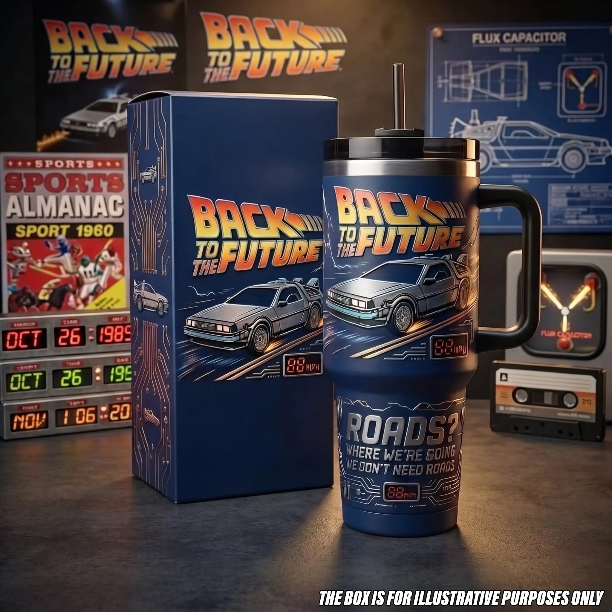 Back To The Future DeLorean Tumbler with Handle, 40oz Insulated Stainless Steel Travel Mug Straw, 88 MPH Time Machine Car Cup, Flux Capacitor Marty McFly Doc Brown Drinkware, Classic Sci-Fi Merchandise Collectible Back To The Future Fans