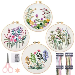 4 Pcs Embroidery Kit for Beginners Adults,Cross Stitch Set for Beginner Easy to Learn Stitches from Instruction Needlepoint Kit,Floral Stamped Embroidery Pattern,Christmas Party Gifts,Home Supplies