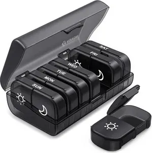 XL Weekly Pill Organizer 2 Times a Day, Pill Box 7 Day with One-Side Large Openings for Easy to Use, Black Privacy Protection AM PM Pill Case for Medication, Vitamins, Fish Oils, Supplements