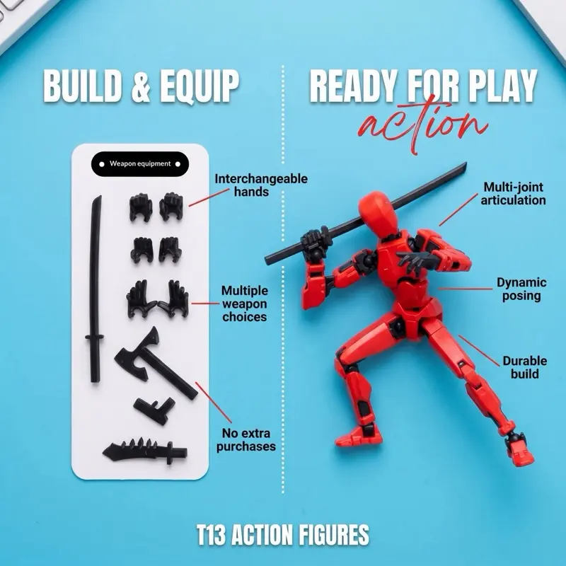 T13 Movable Bendable Action Figures with Tools, Accessories, Stress Relief Fidgeting, Fidget Gadget, Sensory Calming Tool, Soft Sensory Fidget, Decompression Squeeze (Single or Multi-Pack)