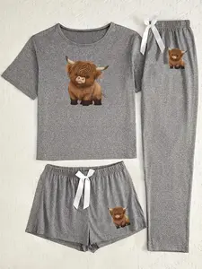 Women's Cartoon Cow Print Sleepwear Loungewear Matching Set, Casual Fitted Three-Piece Pajamas, All-Season Comfortable Nightwear for Women