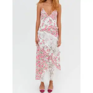 Women's summer sleeveless dress with casual floral print lace patch backless ruffle edge beach streetwear party dressRAIMENTRY