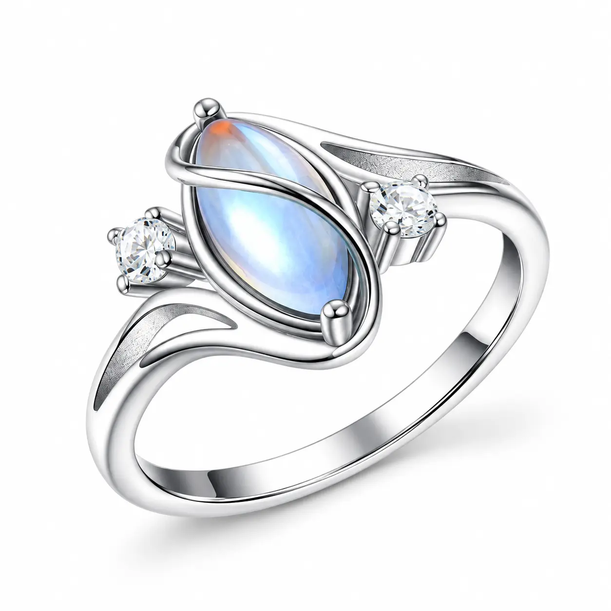 Women's Oval Moonstone Ring, Silver Tone Teardrop Inspired Statement Ring with Sparkling Crystal Accents, Elegant Celestial Vintage Ring, Dainty Romantic Jewelry Gift for Women