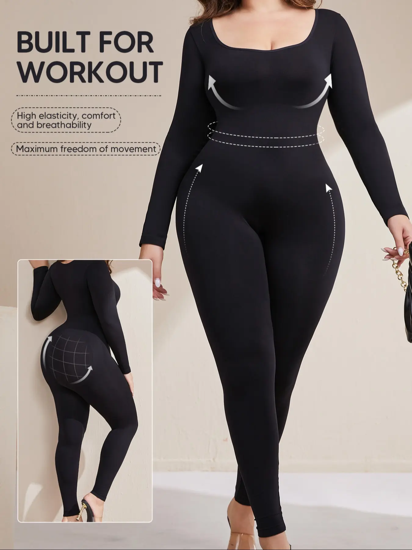 Women's Full-Body Seamless Workout Shapewear Jumpsuit, Fit, Medium Compression Support, High Elasticity, Breathable Fabric, Long Sleeve, Stretchable Activewear, Fitness Activewear, Yoga Workout Jumpsuits, Shaping Yoga Jumpsuit